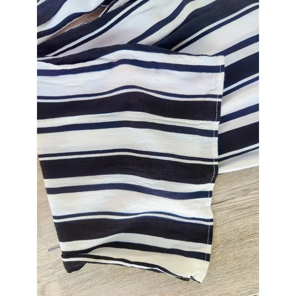 Striped Jumpsuit Womens Medium Black White Puff Sleeve‎ Wide Leg Summer Casual